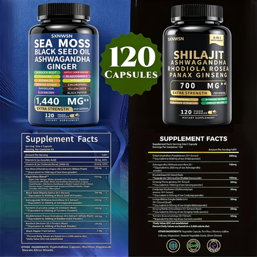 Adaptogen Energy Supplement with Sea Moss & Shilajit – 7-in-1 Formula with Black Seed Oil, Ashwagandha, Rhodiola Rosea, Panax Ginseng & Ginger for Energy, Immunity & Vitality – 240 or 480 Capsules for Men and Women