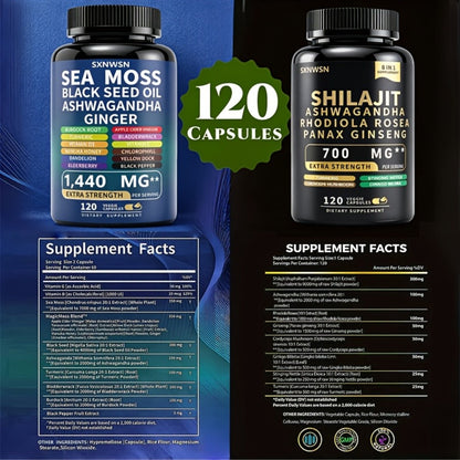 Adaptogen Energy Supplement with Sea Moss & Shilajit – 7-in-1 Formula with Black Seed Oil, Ashwagandha, Rhodiola Rosea, Panax Ginseng & Ginger for Energy, Immunity & Vitality – 240 or 480 Capsules for Men and Women