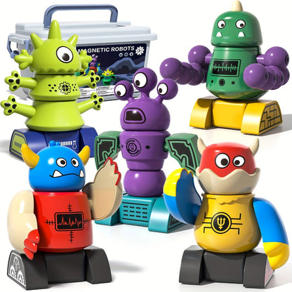 Magnetic Robot Building Toy for Kids Ages 3-5 – 33-Piece STEM Stacking Playset with Storage Box, Rocket Robot & Monster Styles, Magnet Construction Kit, Birthday Christmas Gift for Boys & Girls