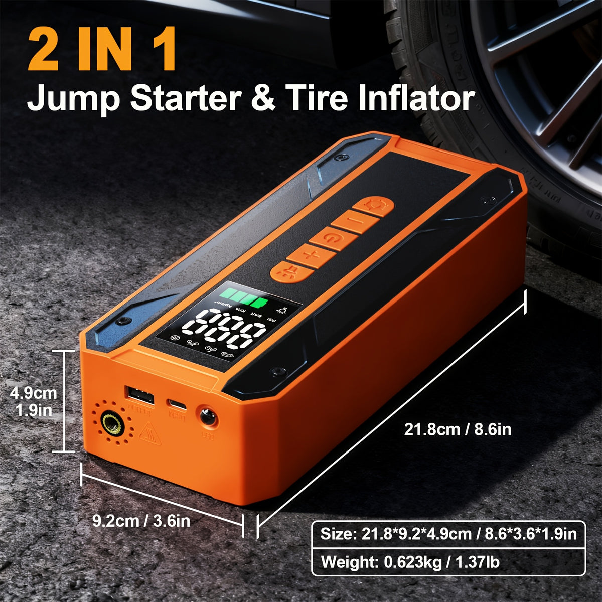 Portable 12V Jump Starter with Air Compressor & Tire Inflator, LCD Display Battery Booster Pack, - Power, 3-Mode Flashlight, Built-In Charger & Booster for, Emergency Power Supply Suitable for Car Jumper, Tire Inflator, Battery Booster