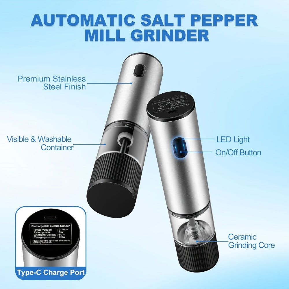 Electric Pepper Grinder USB-C Rechargeable – 5-Level Adjustable Coarseness, One-Hand Operation, Stainless Steel Pepper Mill with Ceramic Core for Kitchen Cooking, Outdoor BBQ & Grilling