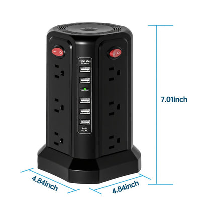 Surge Protector Power Strip Tower with 12 AC Outlets 5 USB Ports 8.8FT Extension Cord Night Light 4 Individual Switches Overload Protection for Home Office Desk Dorm Room