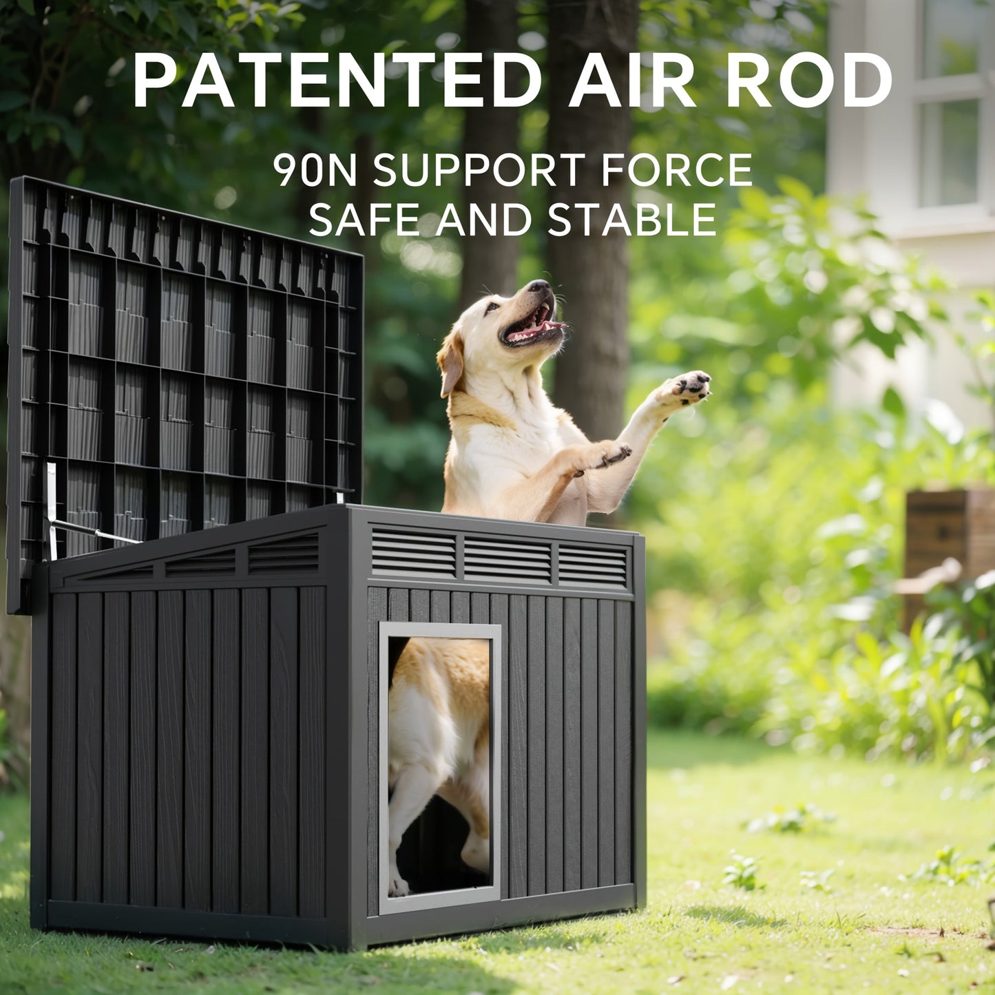 Outdoor Dog House Resin Kennel – All-Weather Slant Roof Dog Villa with Gas-Lift Ventilated Canopy, UV & Stormproof, Removable Top, Indoor Outdoor Shelter for Large Dogs & Multi-Pet Households