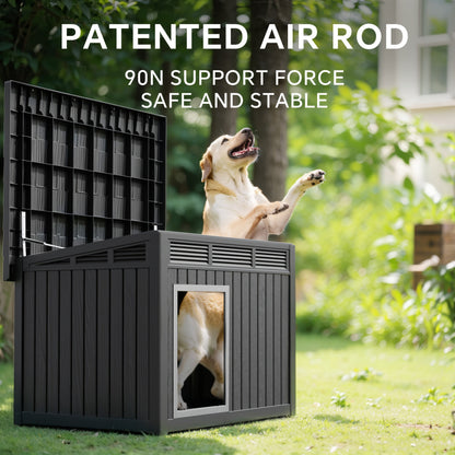 Outdoor Dog House Resin Kennel – All-Weather Slant Roof Dog Villa with Gas-Lift Ventilated Canopy, UV & Stormproof, Removable Top, Indoor Outdoor Shelter for Large Dogs & Multi-Pet Households