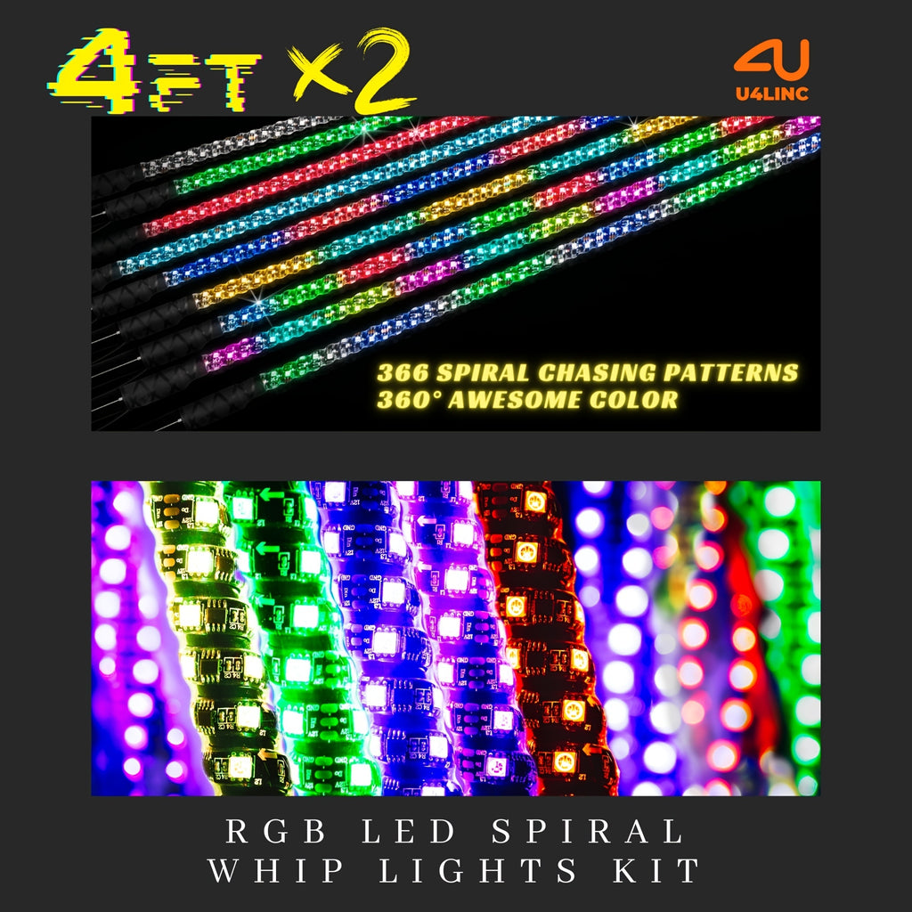 1 Pair (2pcs) 1ft/2ft/3ft/4ft Brighter RGB LED Whip Lights Flag Pole Remote And APP Control Color Changing Lamp Spiral RGB Music Chasing/Dancing Neon Light Whips for UTV ATV RZR SXS Side By Side Dune Buggy Offroad Truck (w/o Spring Base)