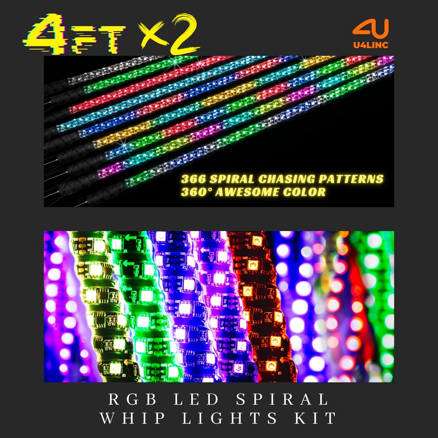 RGB LED Whip Lights for UTV ATV – 1ft/2ft/3ft/4ft Spiral Color Changing Neon Light Whips with Remote & App Control, Music Sync, for RZR SXS Dune Buggy Off-Road Truck (2pcs, No Spring Base)