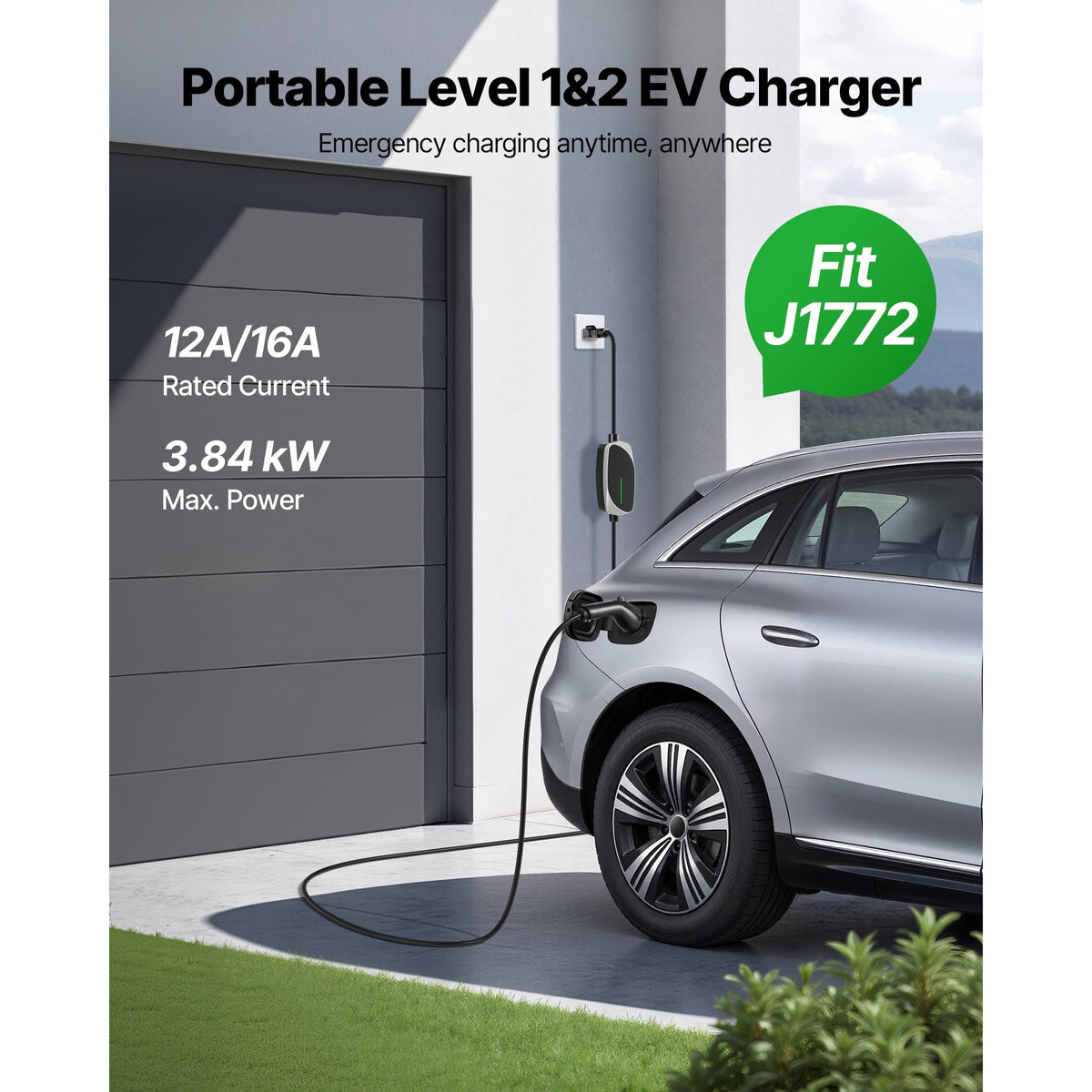 VEVOR Level 1&2 EV Charger, 16 Amp, Electric Vehicle Portable Charger with 25 ft Charging Cable, 120V-240V, NEMA 6-20P Plug NEMA 5-15 Adapter, LED Indicator, Home Car Charging Station for SAE J1772 EV