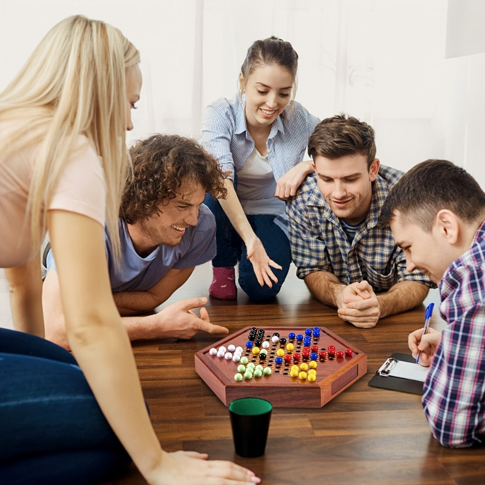 Deluxe Wooden Chinese Checkers Game Set 12.5 Inch Hexagonal Board with Storage Drawer 60 Acrylic Marbles – Classic Family Strategy Board Game for Kids Adults Game Night Gift