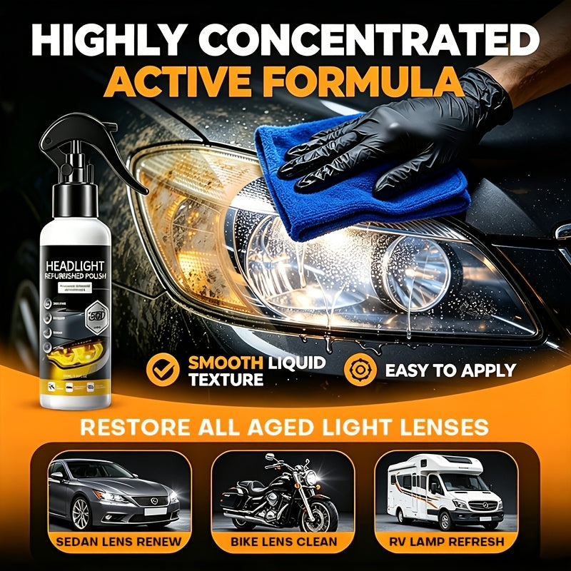 Headlight Restoration Kit With Applicator Sponge, Mild Non-Streaky Surface Care Fluid, Gentle Buffing Brightens Dull Hazy Yellow Headlight Lenses, Quick Simple Vehicle Lamp Upkeep For Daily Use