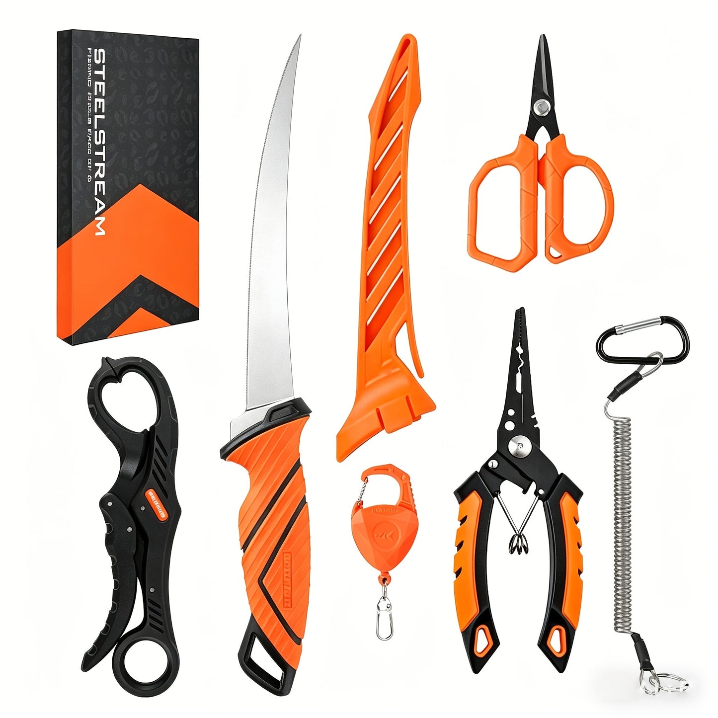 Fishing Tool Kit 6-Piece Corrosion Resistant Pliers Fillet Knife Fish Lip Gripper Braid Scissors Tool Retractor with Lanyard Fishing Gifts for Men
