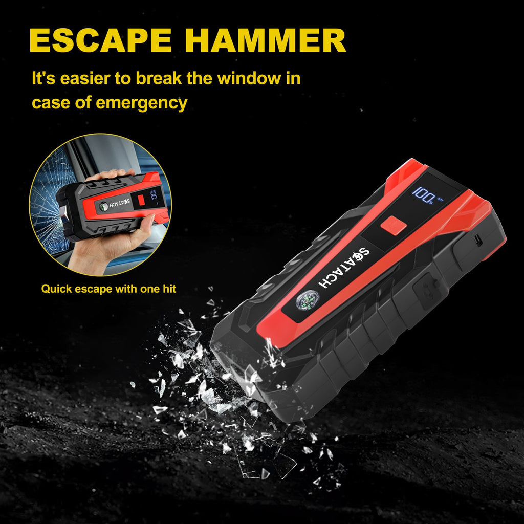 The Car Emergency Starter Power Supply Comes with A Digital Tire Pressure Gauge And Air Pump, A Window Breaker Hammer, And Is Suitable for 12V Cars, Trucks, SUV, Rvs, And Motorcycles. It Features A Multi-Functional Portable LED Display, SOS