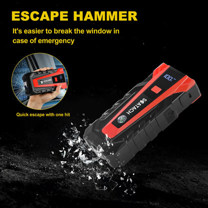 The Car Emergency Starter Power Supply Comes with A Digital Tire Pressure Gauge And Air Pump, A Window Breaker Hammer, And Is Suitable for 12V Cars, Trucks, SUV, Rvs, And Motorcycles. It Features A Multi-Functional Portable LED Display, SOS
