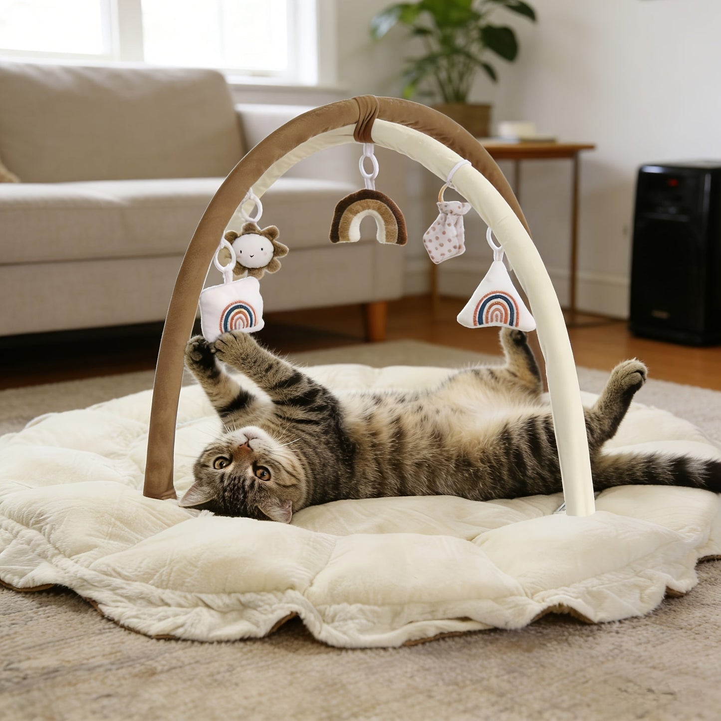 5-in-1 Pet Play Mat & Bed with 6 Toys - Thick Plush Convertible Ball Pit Tummy Time Mat Floor Cushion for Cats Dogs, Foldable Pet Activity Gym Pad, Multiple Colors Available