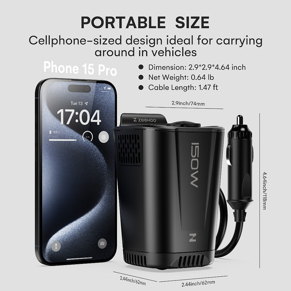 150W Car Power Inverter 12V DC to 110V AC – 2 AC Outlets, Dual 30W PD USB-C & 18W USB-A, Portable Vehicle Outlet Converter for Laptop, Camping & Road Trips