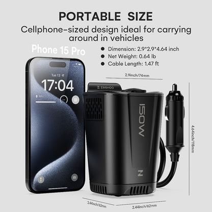 150W Car Power Inverter 12V DC to 110V AC – 2 AC Outlets, Dual 30W PD USB-C & 18W USB-A, Portable Vehicle Outlet Converter for Laptop, Camping & Road Trips