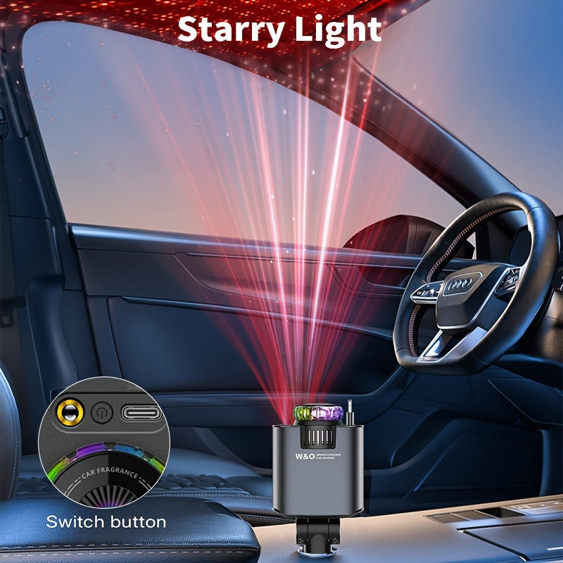Perfume Is Sold Separately/New AromaRelax Car ChargerBLUE/RED Light, 3-in-1 Retractable Car Charger with Starlight Projector, Fast Charging Car Phone Charger with 2.6ft Retractable Cable And USB-C Port.