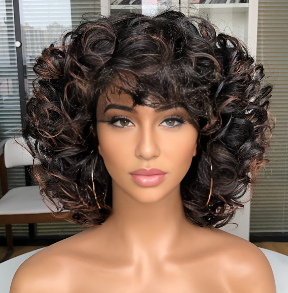 Short Curly Wig with Bangs for Women 14 Inch Jerry Curl Synthetic 13x1 Lace Front — Heat Resistant, Daily Wear Cosplay, Dark Brown Copper Red Dark Wine