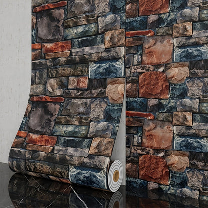 3D Brick Foam Wallpaper Self Adhesive Peel and Stick Wall Panels Waterproof PVC Rustic Brick Pattern Home Bathroom Kitchen Wall Decor Blue Brown Red 17.5in Wide