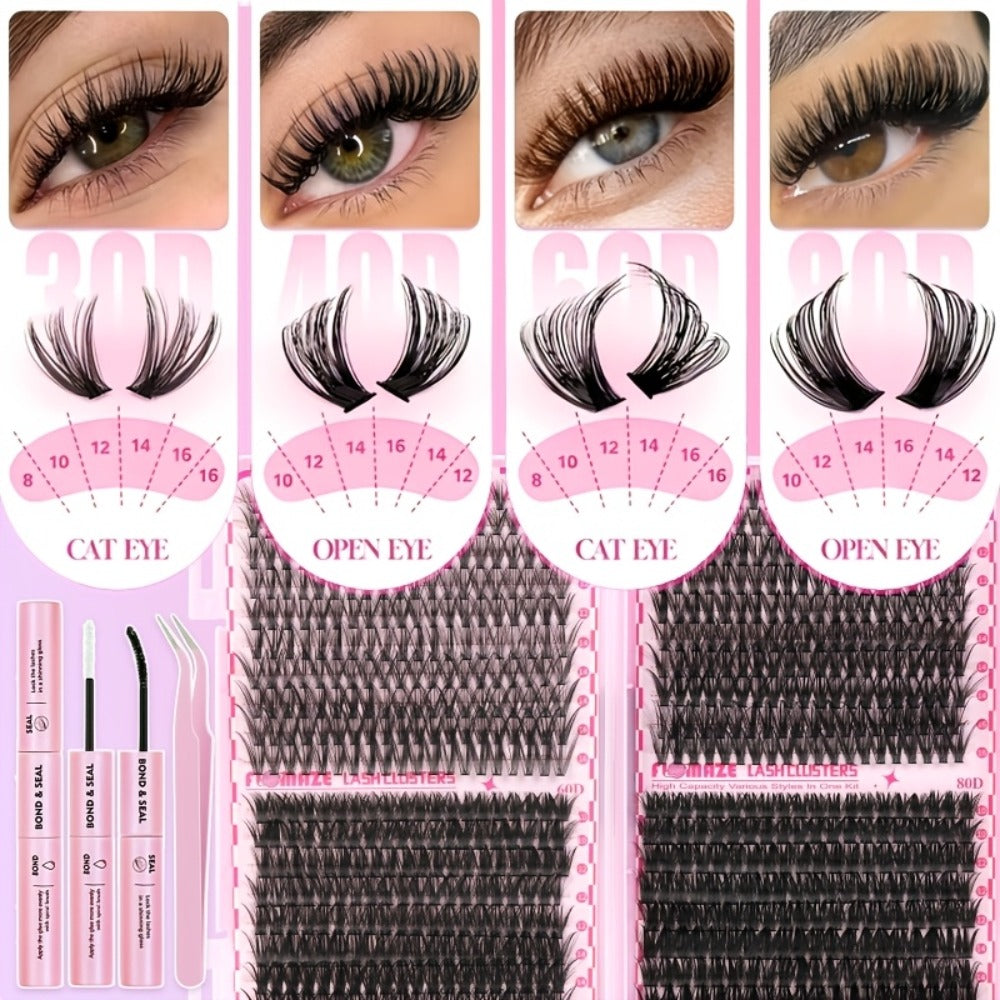 800Pcs Volume Lash Clusters Kit 30D 40D 60D 80D — Wispy DIY Eyelash Extensions with Bond Seal & Applicator, Mixed Length Fluffy Cluster Lashes for Prom Party Bridal Glam & Natural Look