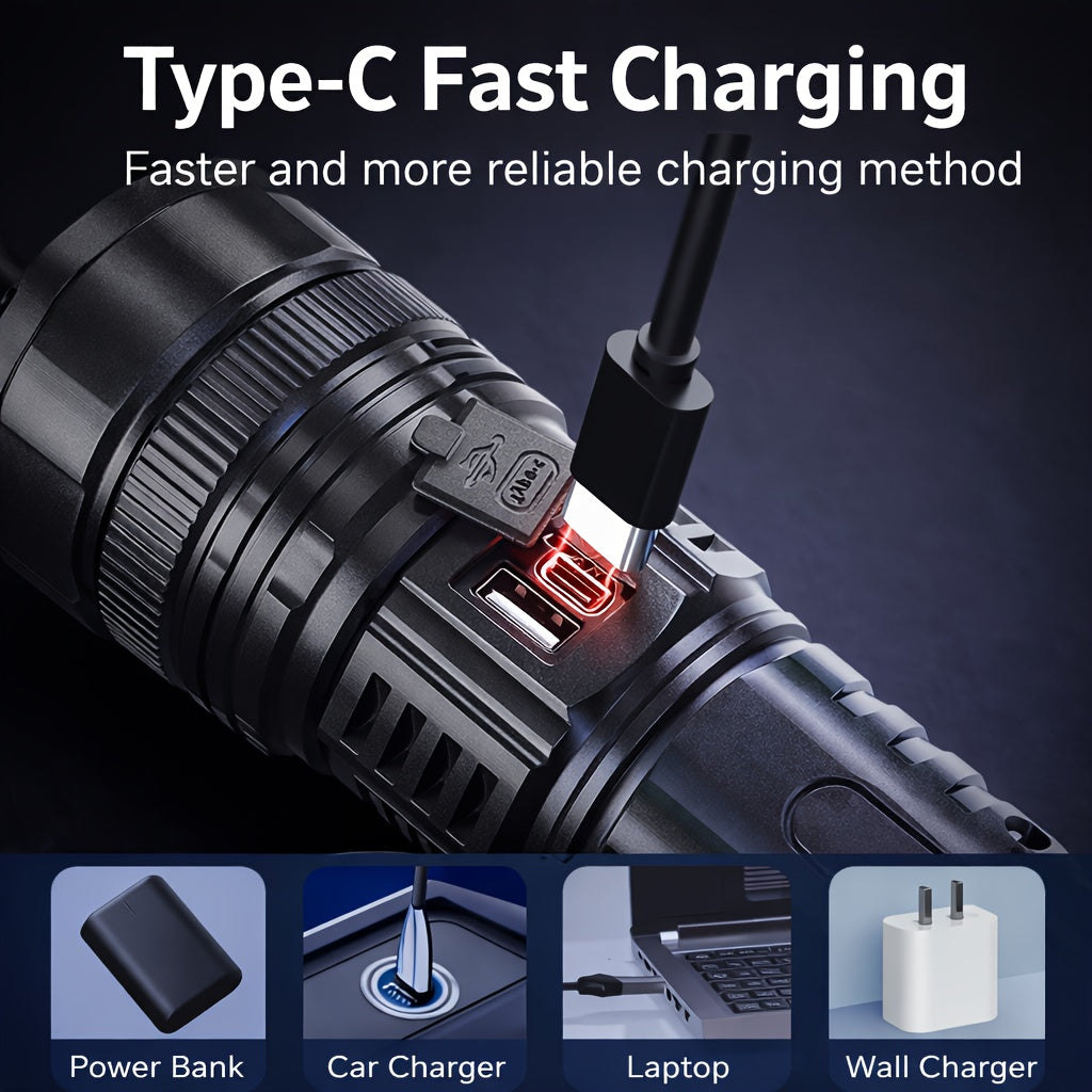 High Lumen LED Flashlight, USB Rechargeable 3000mAh Zoomable Torch, 3 Modes Waterproof Handheld Flashlight for Hiking, Camping, Hunting, Emergency & Outdoor Use