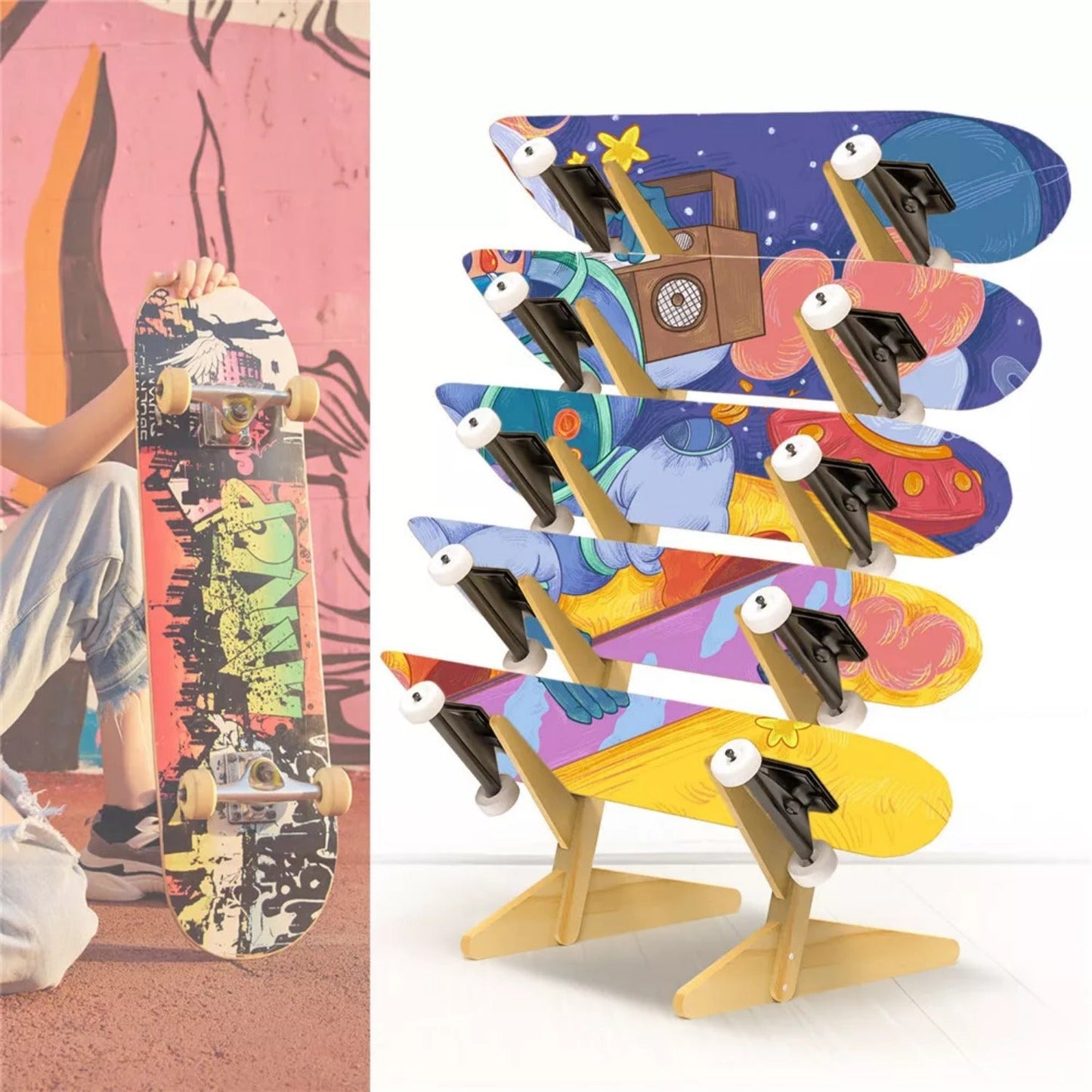 Skateboard Storage Rack 5-Layer Freestanding Wood Display Stand – Holds Longboards, Snowboards & Decks, 75° Angled Shelf with Non-Slip Base, DIY Paintable Pine Wood, Bedroom & Garage Organizer