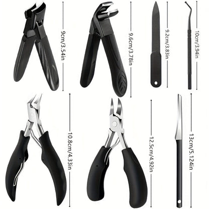 Heavy Duty Toenail Clipper Set 7pcs for Seniors Angled Curved Stainless Steel Blades Splash Guard Long Handle Nail File Pedicure Tool Kit Thick Nails