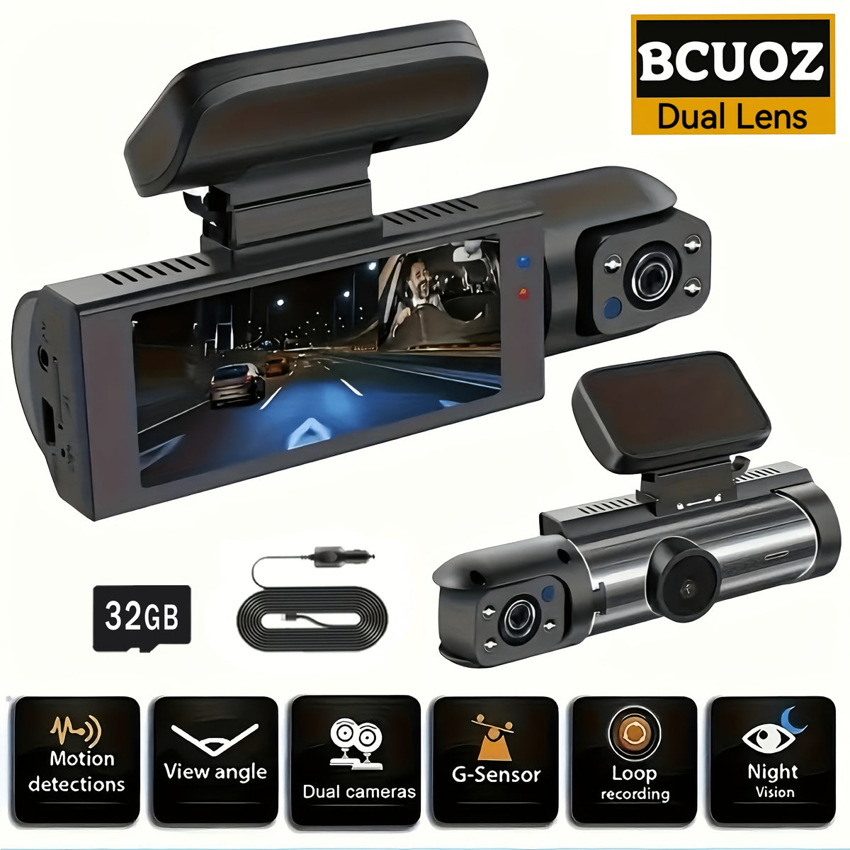 BCUOZ Dual Lens/Four Lens Car Additions 1080P Dashcam, 1080P Front And 720P Inside/Left/Rear Cameras, Adjustable Multi-Angle, 3.16-Inch Display, Infrared Night Vision, Wide Angle, Loop Recording, 12-24V Car Plug