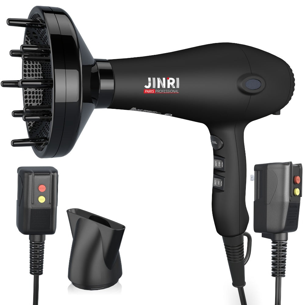 1875W Professional Hair Dryer with Diffuser & Concentrator — Ionic Technology, Salon-Quality Blowout for Curly Hair, Adjustable Cord, US Plug, Black