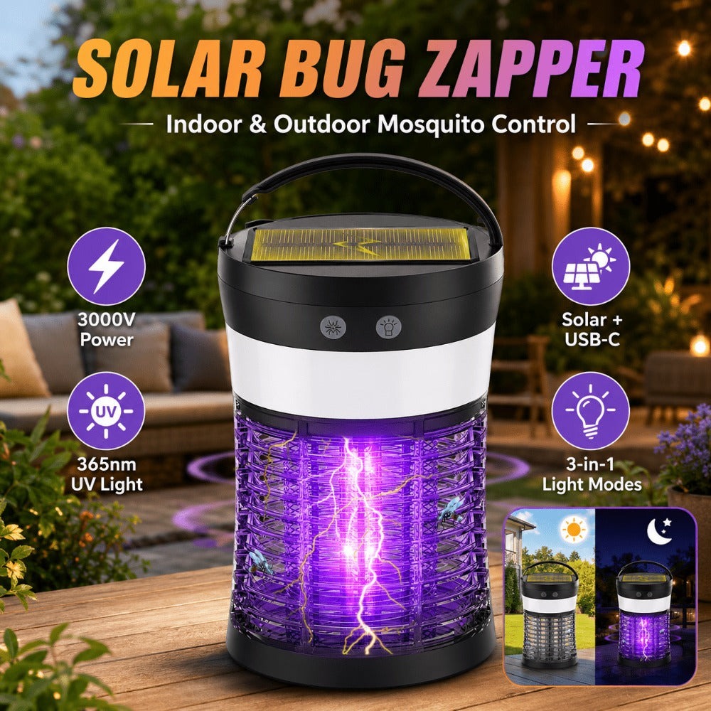 Solar Bug Zapper Electric 3-in-1 – 3000V UV 365nm Mosquito Killer Rechargeable Insect Fly Trap with White Light & Flashlight, 2100 Sq Ft Coverage for Indoor Outdoor Home Patio Backyard Camping – Black