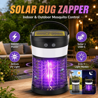 Solar Bug Zapper Electric 3-in-1 – 3000V UV 365nm Mosquito Killer Rechargeable Insect Fly Trap with White Light & Flashlight, 2100 Sq Ft Coverage for Indoor Outdoor Home Patio Backyard Camping – Black