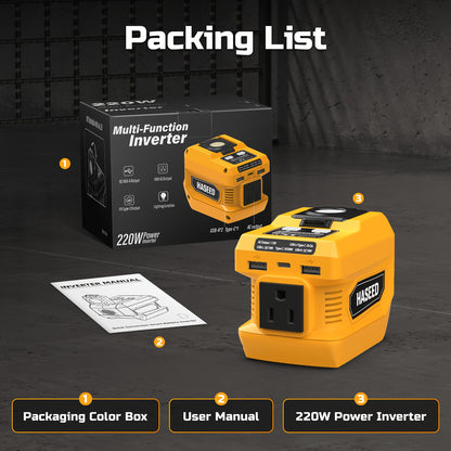 Portable Power Inverter 200W - DeWalt 20V Battery Compatible, DC to AC 110V, 2 USB + Type-C Fast Charging, 400LM Work Light, for Car, Camping & Outdoor Use
