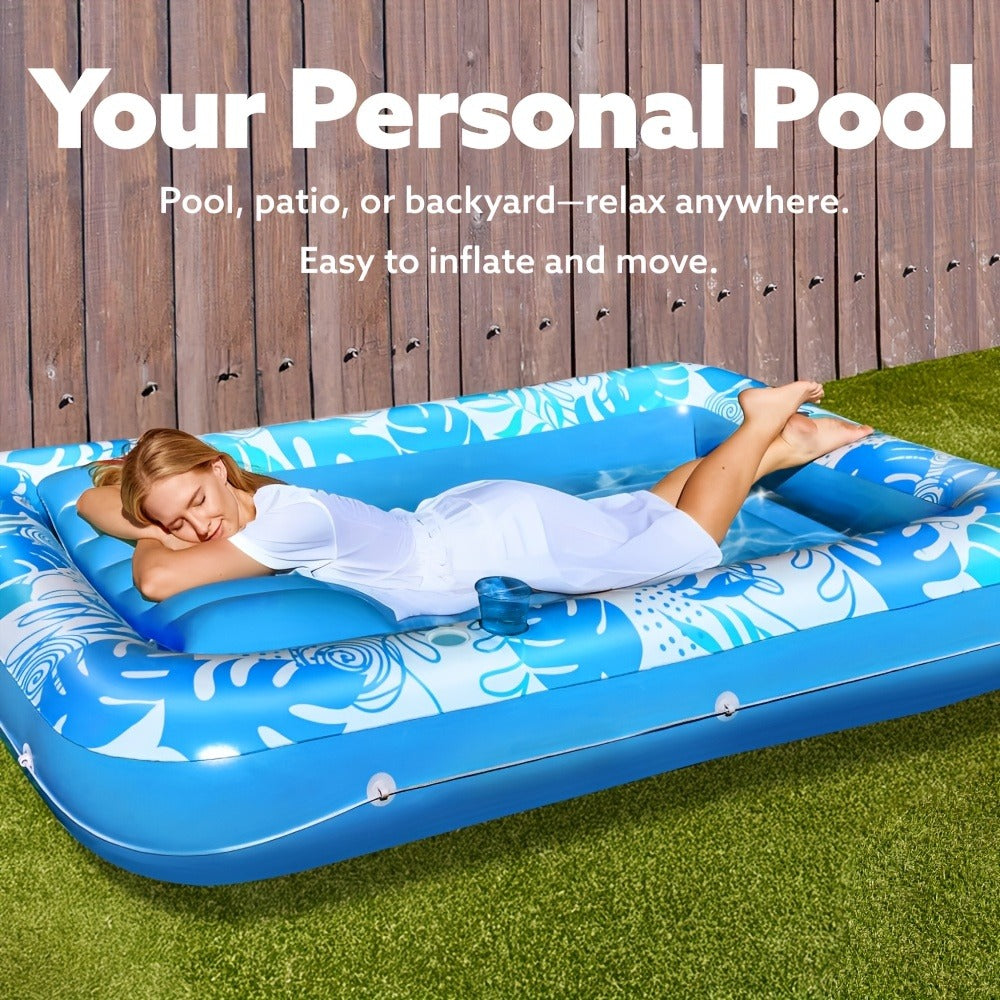 Inflatable Tanning Pool Float 4-in-1 Suntan Tub Raft for Adults – Large 70"x46" Sunbathing Lounger with Pillow, Ball Pit & Pool Party Lounge, Blue Floating Relaxation Bed