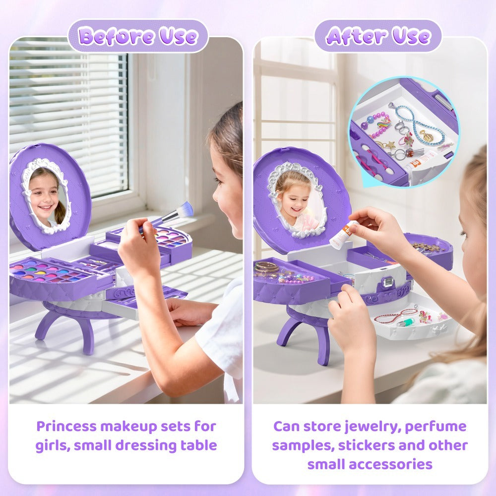 Girls Makeup Set with Dressing Table & Mirror - Princess Pretend Play Vanity Toy for Kids Ages 3-12, Birthday Christmas Halloween Gift for Girls