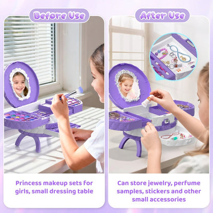 Girls Makeup Set with Dressing Table & Mirror - Princess Pretend Play Vanity Toy for Kids Ages 3-12, Birthday Christmas Halloween Gift for Girls