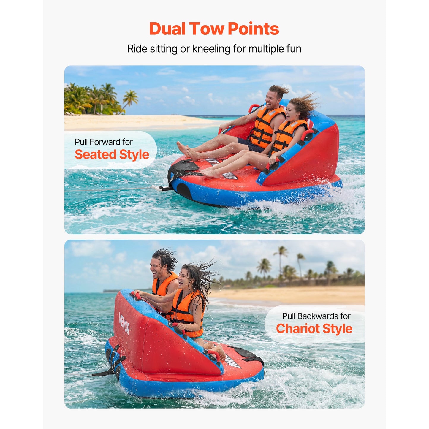 Towable Tube for Boating 2-Person – 340 lbs Inflatable D-Shape Boat Tube with Full Nylon Cover, Dual Tow Points, 10 Padded Handles & 2 Boarding Straps for Lake & River Water Sports