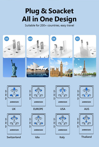 65W Universal Travel Adapter with 4 USB Ports - 2 USB-C & 2 USB-A Fast Charging, US EU UK AU Plugs, 100-240V Input, Overload & Short Circuit Protection, 200+ Countries, White & Black