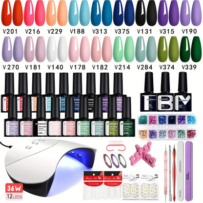 Gel Nail Polish Kit 36 Pieces with 36W UV LED Nail Lamp — Pink Red Purple Black Brown Blue Gel Polish Colors & Complete Manicure Tools Set for Home Salon Nail Art Women