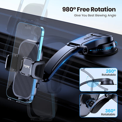 TOPK Upgrade Car Phone Holder Mount, Universal Cell Phone Car Mount for Dashboard Car Dash Mount Mobile Holder for iPhone, Samsung And All Android Smart Phones