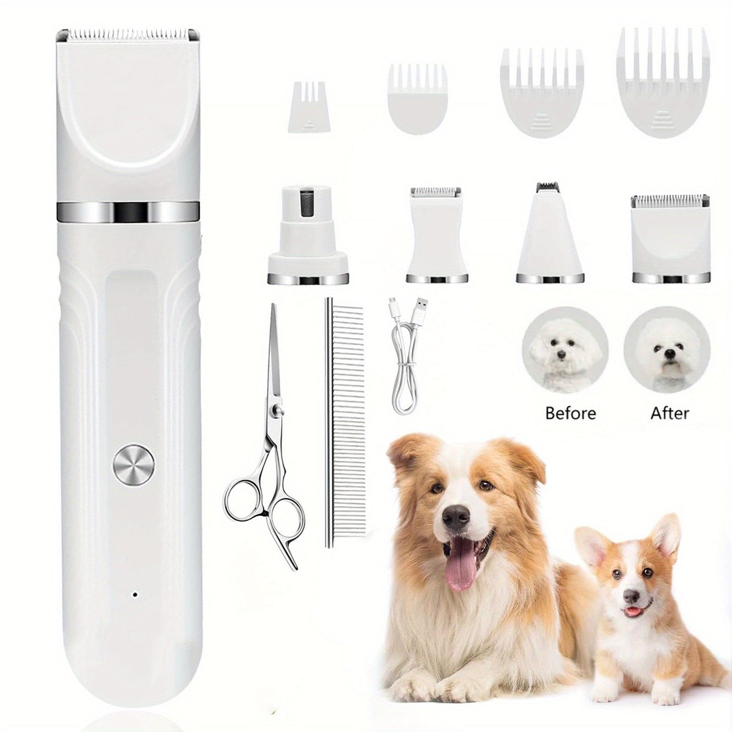 Pet Hair Clipper 4-in-1 Cordless Grooming Kit with Nail Trimmer Limit Combs USB Rechargeable for Dogs Cats Small Animals Thick Coat