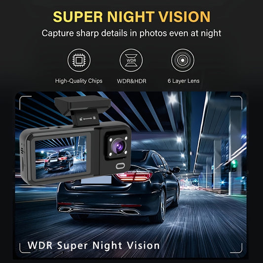3 Channel Dash Cam, Dash Camera for Cars with Free 64GB SD Card, 1080P+1080P+1440P Dash Cam Front And Rear Inside, Super Night Vision, Loop Recording, G-Sensor, Motion Detection, 24 Hours Parking Mode