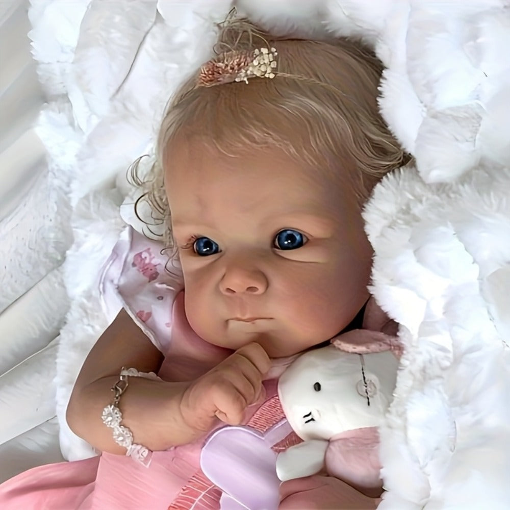 Realistic Reborn Baby Doll 22 Inch Full Vinyl Body Hand-Rooted Hair Open Eyes Lifelike Newborn Girl with Visible Veins Capillaries Detailed Nails – Collectible Photography Prop Baby Shower Gift for Collectors