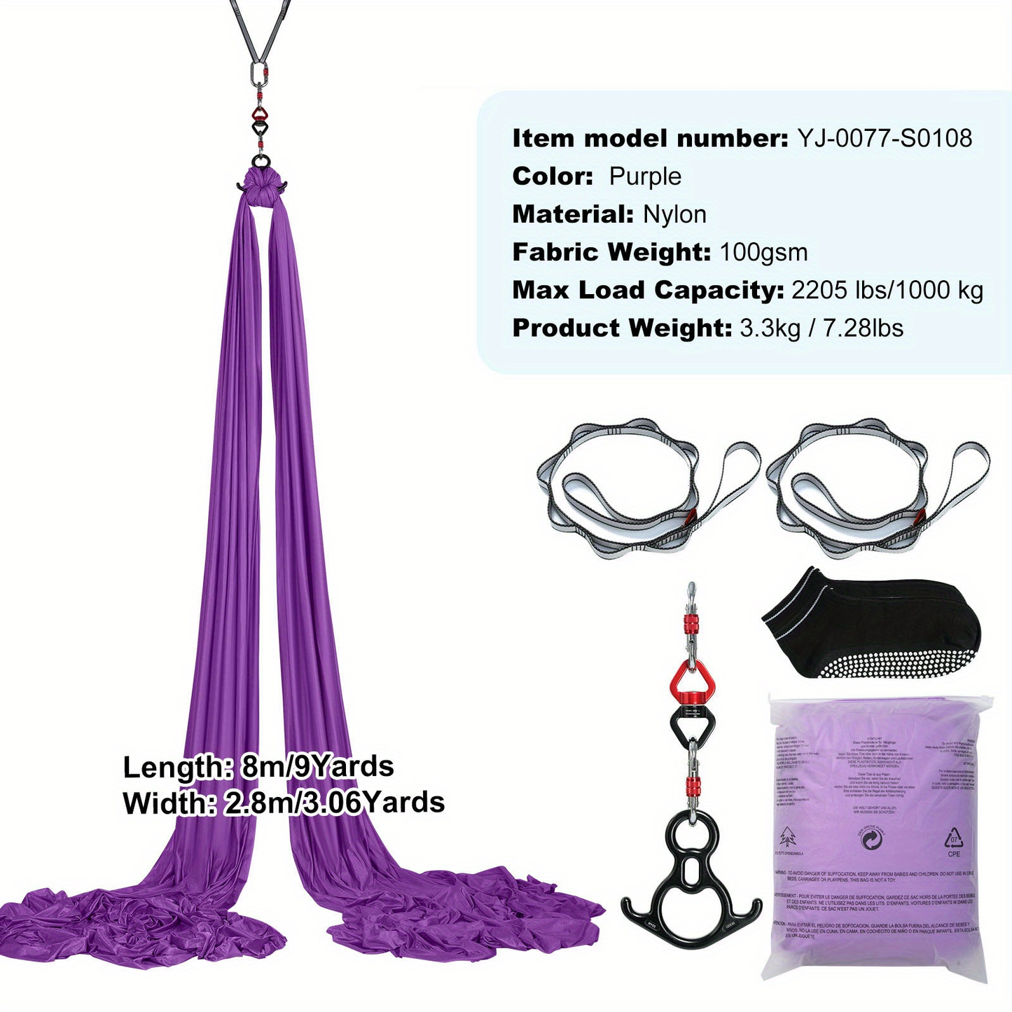 Aerial Yoga Hammock Kit 8.7 Yards – 100GSM Nylon Anti-Gravity Yoga Swing with Full Rigging Hardware, Aerial Silk for All Levels, Home & Studio Aerial Yoga Setup, Light Blue / Golden / Gradient