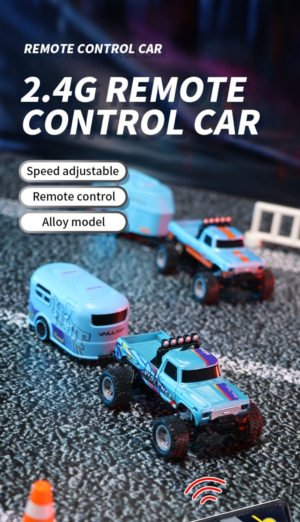 Mini RC Truck 1:64 Scale with Trailer – 2.4GHz Alloy Remote Control Monster Off-Road Pickup with LED Body Lights & Headlights, Rock Crawler Toy for Boys, Birthday Christmas Gift Green Gray Blue