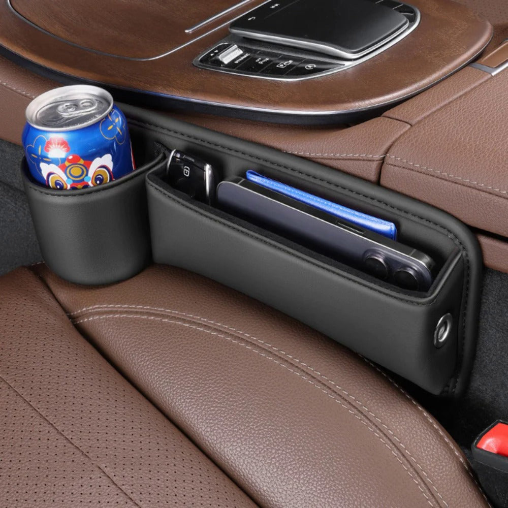 Car Seat Gap Organizer PU Leather – Side Filler Storage Box with Phone, Card, Key & Cup Holder, Non-Slip, Universal Fit, Front Seat Gap Pocket, 1pc or 2pc Set