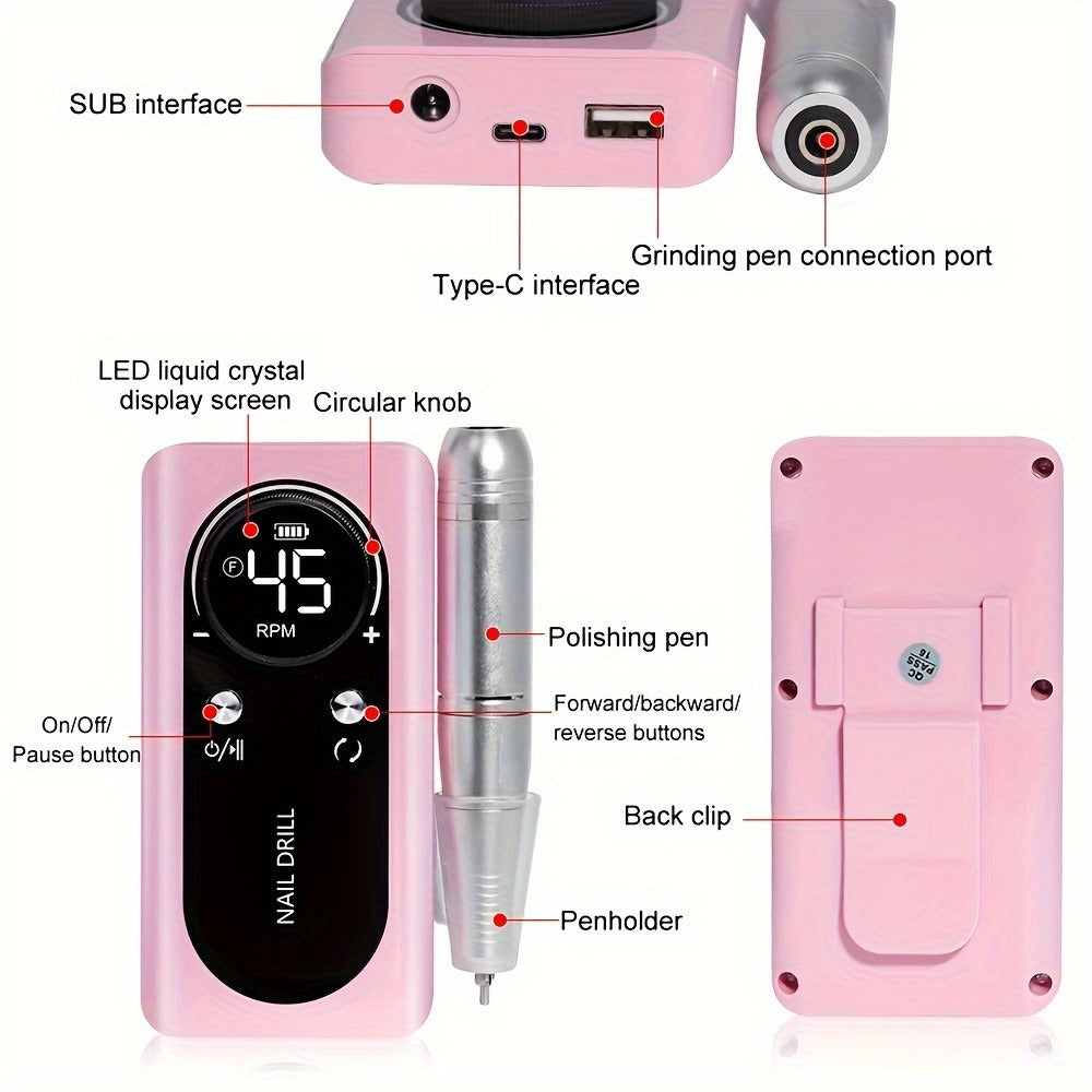 Low Noise Nail Drill Cordless 45000RPM Adjustable Speed with Power Display Portable Nail File Grinder for Gel Acrylic Nails Manicure Pedicure Home Salon Use Pink White Purple