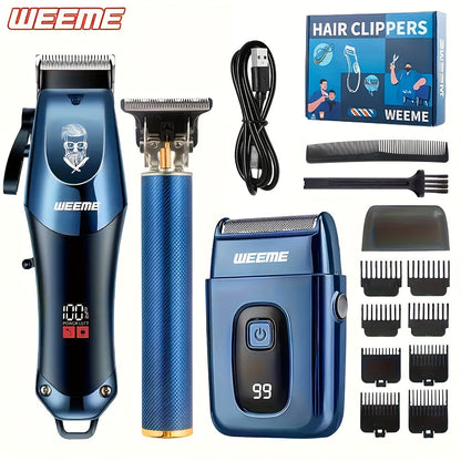 Hair Clipper Set for Men USB Rechargeable - LCD Display Cordless Trimmer, Guide Combs & Cleaning Brushes, Professional Home Haircut Kit, Gift for Men, Golden Blue Silver