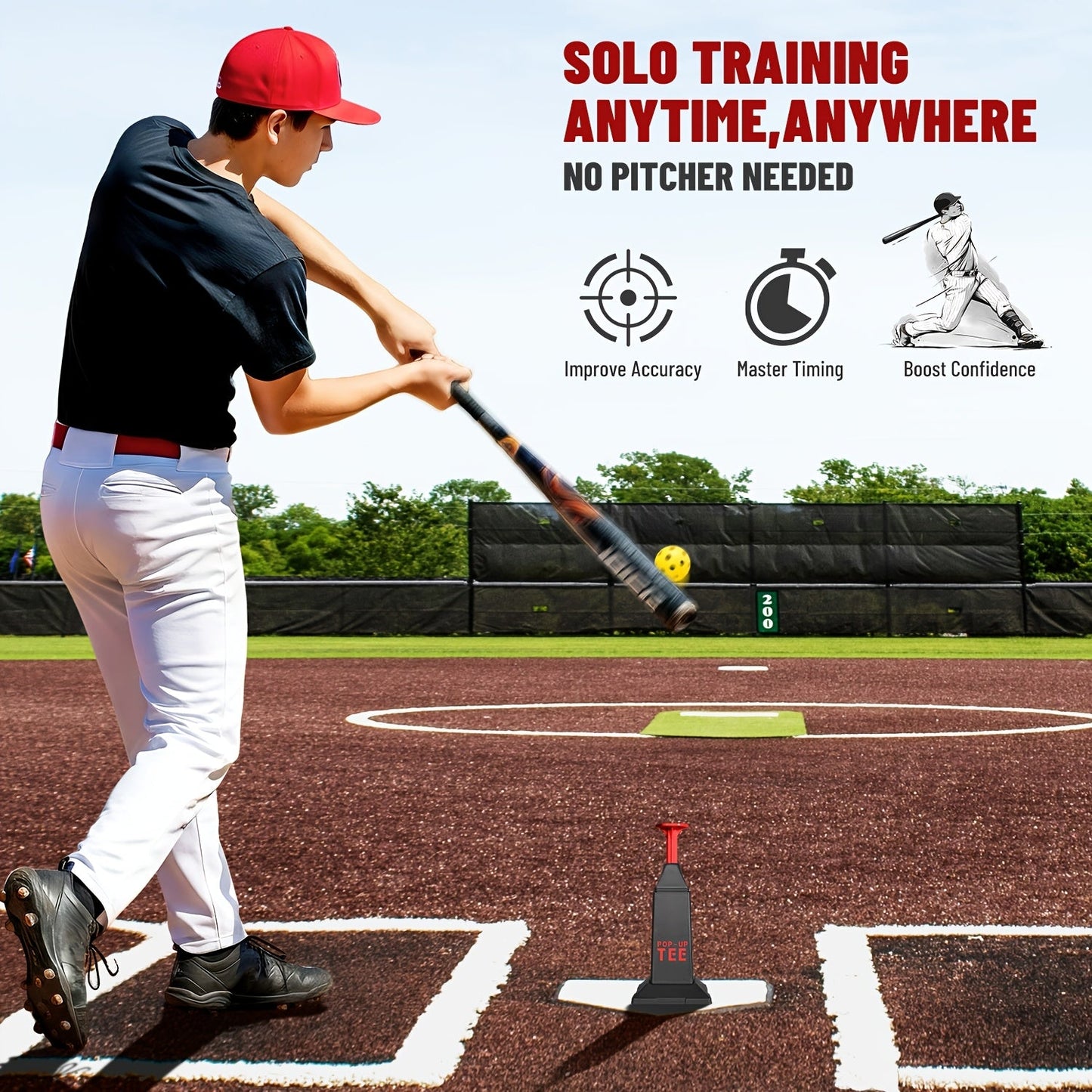 Baseball Softball Hitting Tee with Popper & 12 Mini Balls | Launches Up to 40 Inches High | No Battery Required | Kids Youth Batting Practice Training Set Black Red