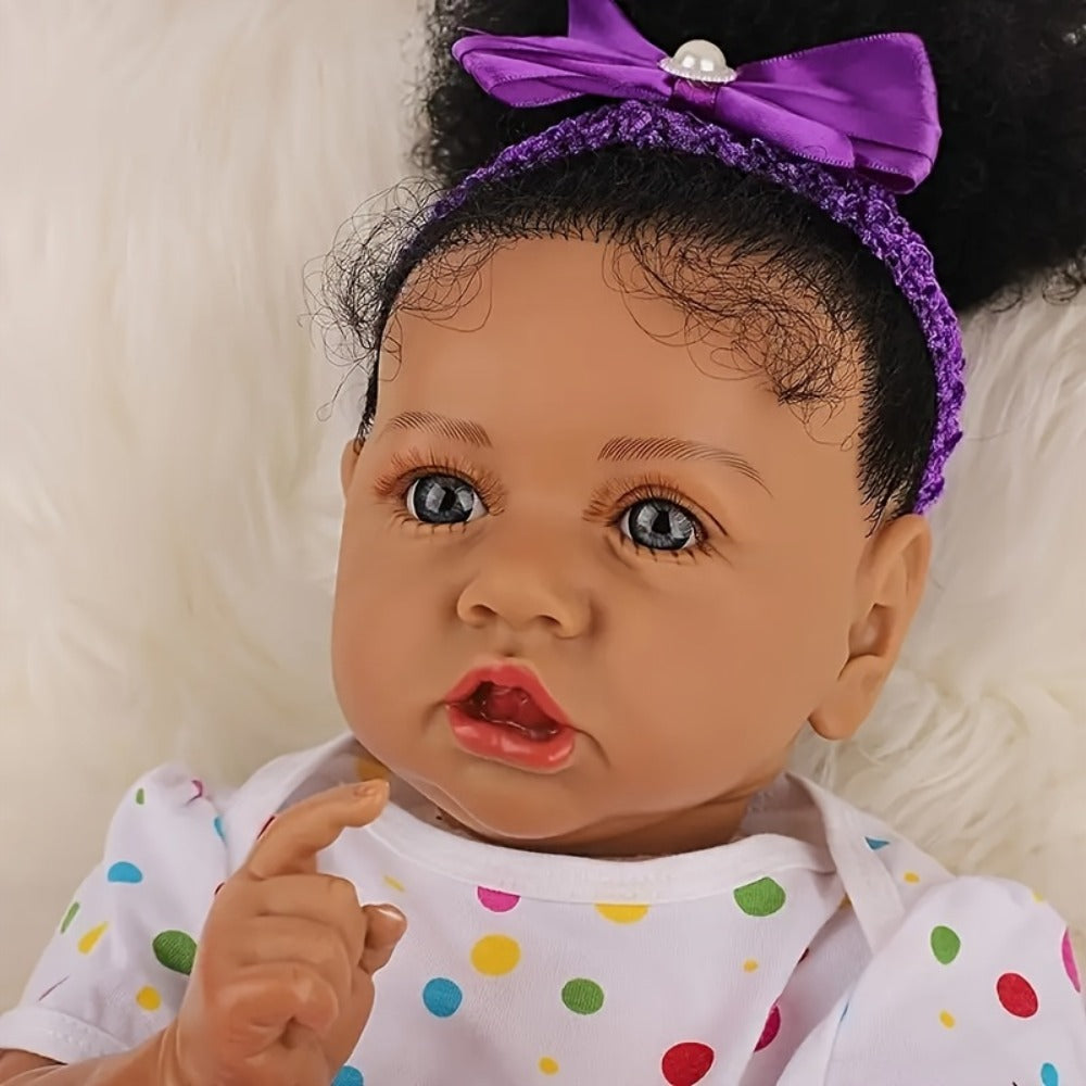 African American Reborn Baby Doll 21.5 Inch Full Vinyl – Curly Hair Black Girl Doll, Hand-Painted Lifelike Skin, Collectible Art Doll, Birthday Christmas Holiday Gift for Kids Ages 3+ & Collectors