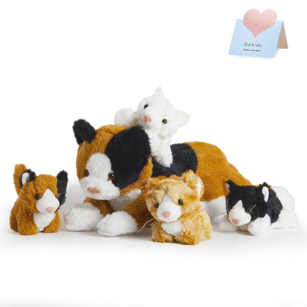 Cat Stuffed Animal Plush Set Mommy Cat with 4 Baby Kittens – Soft Cuddly Cat Family Toy Gift for Kids, Mother's Day Birthday Christmas Holiday Bed Sofa Decor