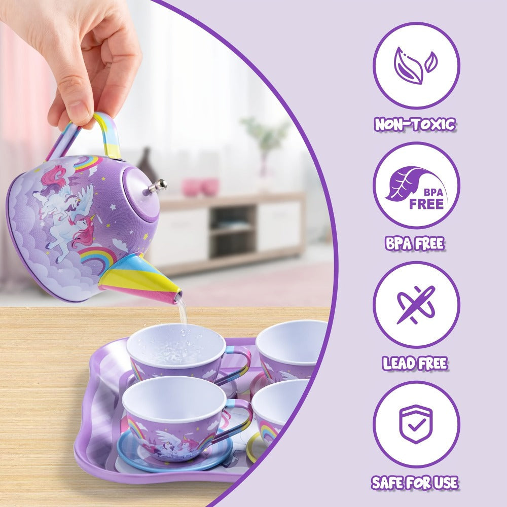 Unicorn Tea Party Set for Girls – Purple Tin Teapot Cups & Plates Pretend Play Princess Kitchen Toy with Storage Case – Magical Unicorn Rainbow Castle Gift for Ages 3+ Birthday Easter Christmas